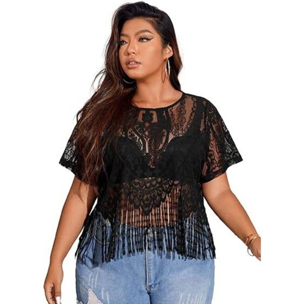 MSRP $24 SOLY HUX Women's Black 3XL Plus Size Sheer Lace Fringe T-Shirt
